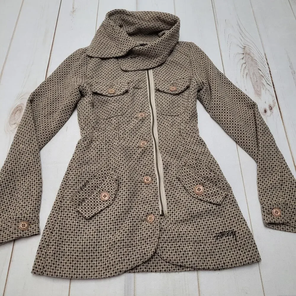 Stussy girls brown wool knit jacket coat mid length button front cowl neck